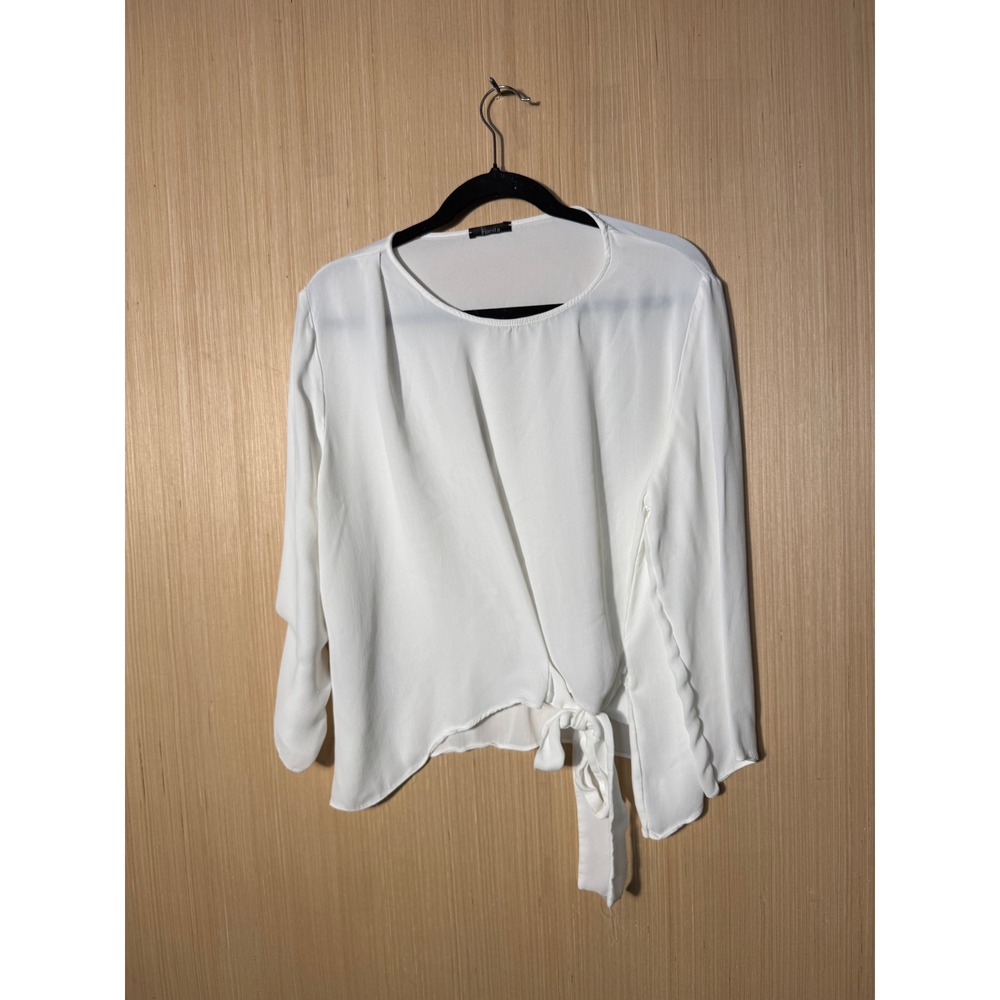 Hanita White Viscose Front Tie Blouse Long Sleeve Made in Italy Round Neck Top